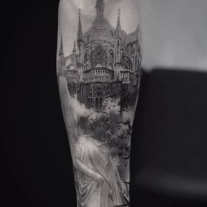 Angel and cathedral tattoo by Cold Gray #ColdGray #blackandgrey #realism #realistic #hyperrealism #building #architecture #angel #sculpture #statue #birds #stainedglass #church #cathedral