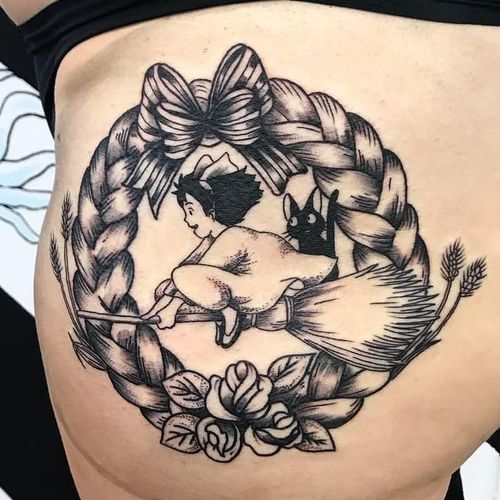 Kiki's Delivery Service tattoo by Tina Lugo #TinaLugo #Japanesetattoos #newtraditional #mashup #blackandgrey #kikisdeliveryservice #witch #jiji #cat #kitty #magic #broomstick #braid #bow #rose #tattoooftheday