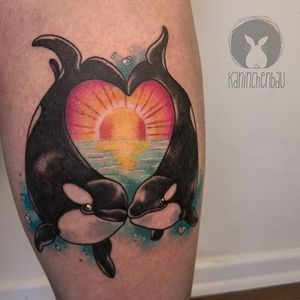 A pair of orcas sending some love your way. Tattoo by Rebecca Bertelwick. #neotraditional #cute #sunset #orca #killerwhale #RebeccaBertelwick #whale