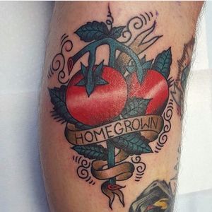 Traditional tomato and banner tattoo by Asa Castle. #tomato #traditional #fruit #vegetable #AsaCastle