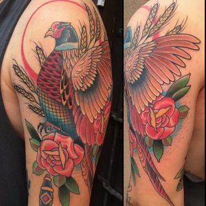 Pheasant Tattoo by Daniel Werder #pheasant #bird #flower #animal #DanielWerder