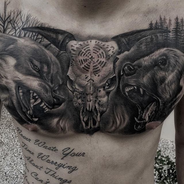 Tattoo uploaded by Stacie Mayer • Wolf, bear and skull chest piece by JP  Alfonso. #blackandgrey #realism #JPAlfonso #wolf #bear #skull • Tattoodo