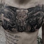 Wolf, bear and skull chest piece by JP Alfonso. #blackandgrey #realism #JPAlfonso #wolf #bear #skull