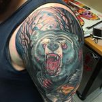 Neo traditional bear half sleeve by Davo Voodoo. #DavoVoodoo #neotraditional #bear #forest #lamp