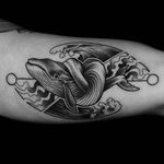 Blackwork whale tattoo by Roma Broslavskiy. #RomaBroslavskiy #blackwork #illustrative #woodcut #surrealism #whale