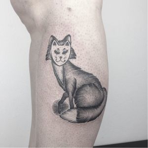 Funny fox tattoo by Tahlz #Tahlz #linework #blackwork #illustrative #fox #cat #mask