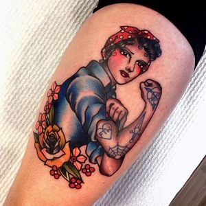 Tattooed Rosie the Riveteer, looking fly, by Miss Quartz (via IG—missquartz) #MissQuartz #Neotraditional #Girls #Ladies #Bold