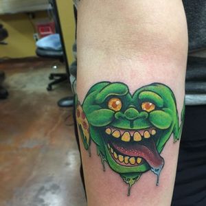 Slimer heart tattoo by Chris Sparks. #heart #popculture #ChrisSparks #Slimer #Ghostbusters