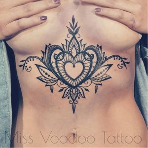 Lacy heart tattoo by Miss Voodoo #MissVoodoo #ornamental #lace #mehndi #chandelier #feather #heart