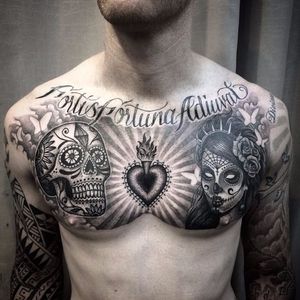 Sugar skull chest tattoo by anspham on Instagram. #sugarskull #dayofthedead #skull #blackandgrey