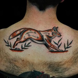 Running fox tattoo by A. Zamp #azamp #besttattoos #color #traditional #fox #animal #forest #leaves #wolf #dog