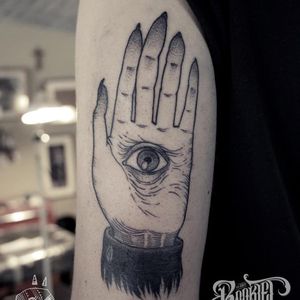 Eye five tattoo by Sketchfield #Sketchfield #illustrative #blackwork #monster #gothic #hand #pun