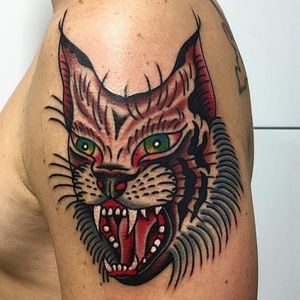 Wildcat via instagram mikeyholmestattooing #wildcat #traditional #cat #color #bigcat #MikeyHolmes