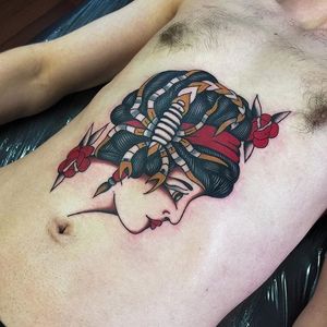 A lady head and scorpion tattoo done by Tommy Doom #ladyhead #scorpion #TommyDoom #traditional