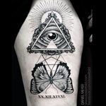 Awesome linework on this geometric and nature inspired design Tattoo by Daniel Meyer Photo from Pinterest #eye #thirdeye #allseeingeye #esoteric #blackandgrey #blackwork #DanielMeyer #butterfly #geometric #pyramid