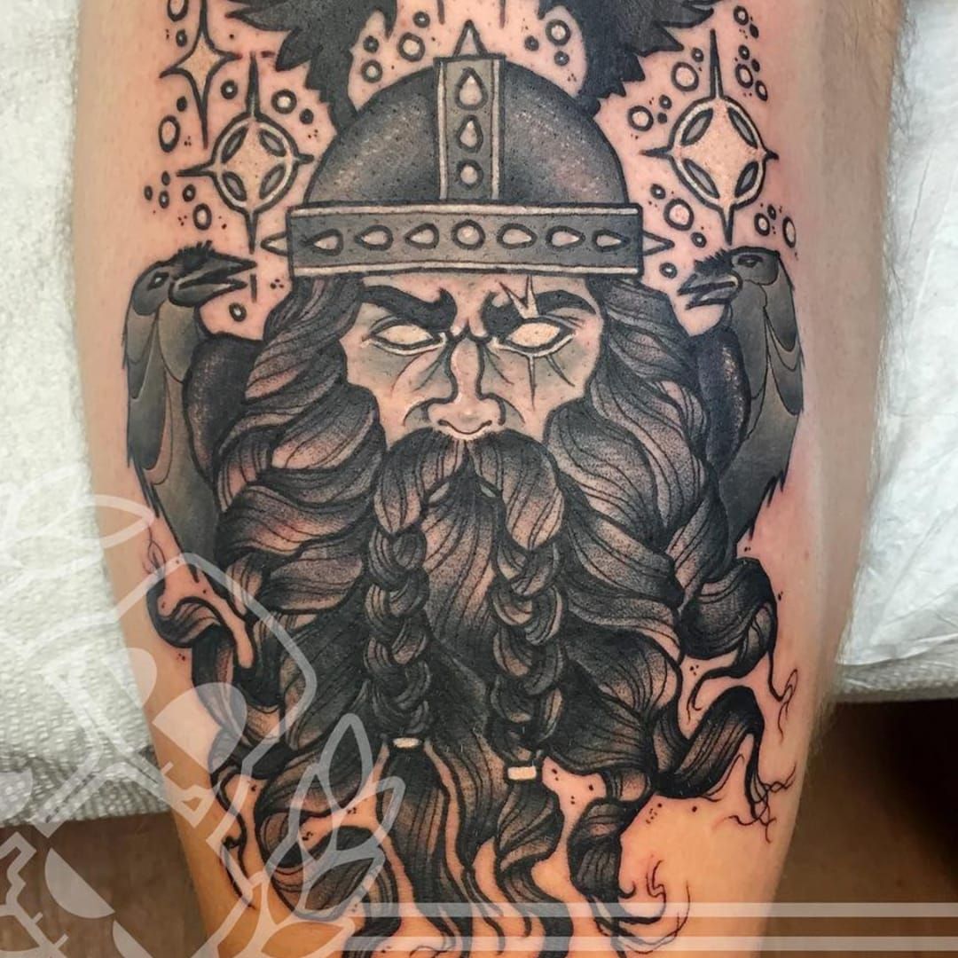 Tattoo uploaded by Ross Howerton • A magical black and grey depiction of  Odin from Aaron Riddle's body of work (IG—aaronriddletattoos). #AaronRiddle  #AmericanGods #blackandgrey #Odin • Tattoodo