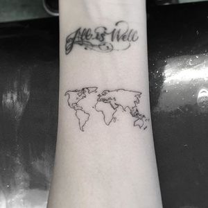 World map micro tattoo by Isaiah Negrete. #IsaiahNegrete #blackandgrey #fineline #microtattoo #worldmap #map