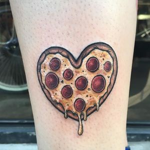 Pizza heart tattoo by Megan Massacre #MeganMassacre #foodtattoos #color #newtraditional #realistic #pizza #pepperonipizza #cheese #heart #love #valentine #tattoooftheday