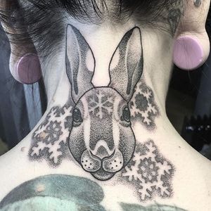 Winter rabbit tattoo by Amy Victoria Savage #AmyVictoriaSavage #dotwork #animal #rabbit #snowflake #negativespace