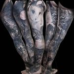 Majestic nature collage leg sleeve by Gabriele Pais (Instagram @gabripais). #barnowl #faun #flowers #forest #fox #GabrielePais #moon #hornedowl #lake #landscape #nature #realism #sleeve #stars