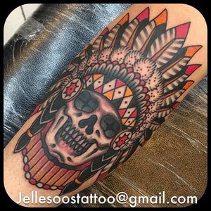 Skull chieftain tattoo done by Jelle Soos. #JelleSoos #SwanseaTattooCo #traditional #bold #skull #chief