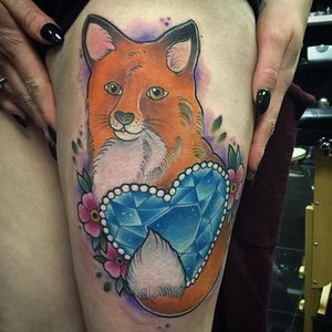 Cute fox protecting a blue gem heart. Tattoo by Isobel Juliet Stevenson. #cute #girly #IsobelJulietStevenson #fox #gem #heart #neotraditional