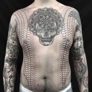 Dotwork Tattoo by Jason Corbett #dotwork #blackwork #geometric #mandala #skull #contemporary #JasonCorbett