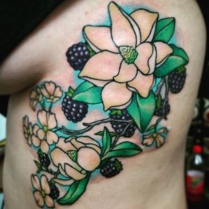 Fruits of the South: magnolia and blackberry tattoo by Ryan Bray. #fruit #blackberry #berry #magnolia #flower #neotraditional #RyanBray