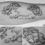 Sleeping cat tattoo by Norako #Norako #dotwork #nature #cat #negativespace #flower