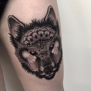 Wolf tattoo by Aston Reynolds #AstonReynolds #blackwork #dotwork #monochrome #mandala #wolf