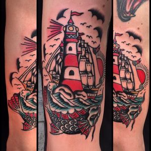 A lighthouse looming over a sea monster by Daniele Genchi (IG—daniele_genchi). #DanieleGenchi #clipper #lighthouse #seamonster #seascape #traditional