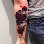Astronaut in space tattoo by @maradentattoo #maradentattoo #black #red #blackandredtattoo #oddtattoos #astronaut #space