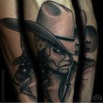 Black and grey cosmic Texas cowgirl by Zack Singer (IG-@zacksingerink) #texas #cowgirl #cosmicportrait #ZackSinger #blackandgrey #blackandgreyrealism #portraittattoo #texastattoo