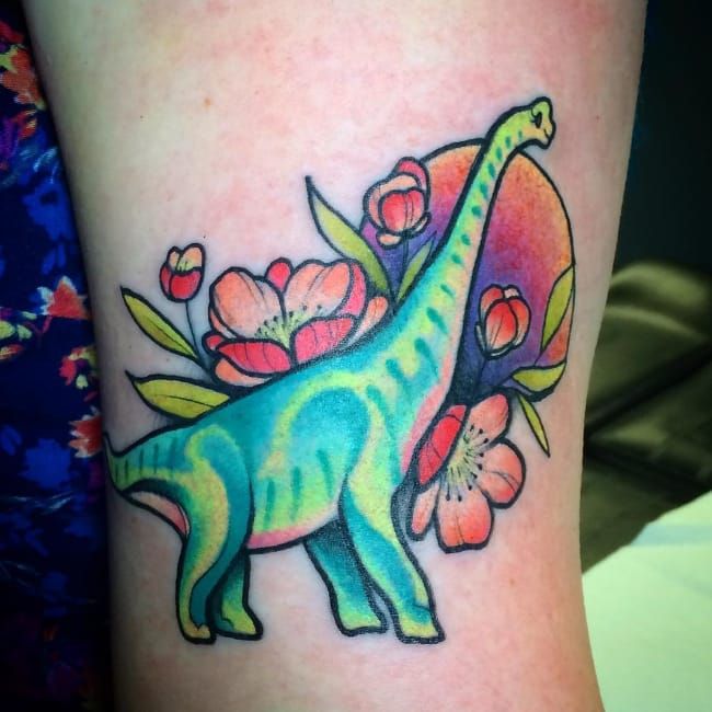 Tattoo uploaded by Rebecca  Dinosaur tattoo by Helena Darling  HelenaDarling dinosaur rainbow neon  Tattoodo