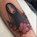 No Face tattoo by Pip Faeros. #noface #japanese #anime #studioghibli #spiritedaway #ghibli #cherryblossom