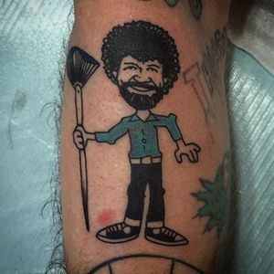 Bob Ross tattoo by Laura Casey #bobross #bobrosstattoo #bobrosstattoos #funtattoos #bobrossink #bobrossart #artist #art #artistattoo #LauraCasey
