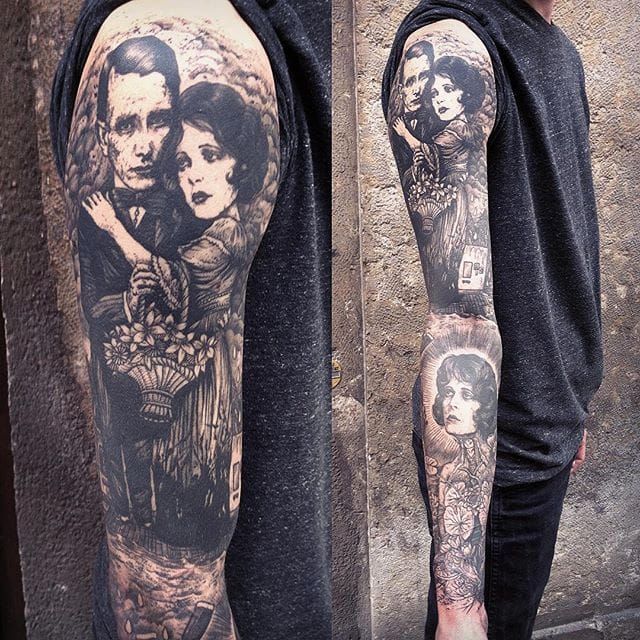 Tattoo uploaded by Xavier • Blackwork tattoo sleeve by Jean-Luc Navette. #JeanLucNavette #blackwork #vintage #gothic #horror #dark #macabre • Tattoodo