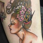 Tattoo by Guen Douglas #GuenDouglas #neotraditional #color #gibsongirl #swallow #cherryblossoms #flowers #floral #bird #wings #feathers #ladyhead #lady