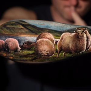 Bah-ram-ewe by Yomicoart #Yomicoart #YomicoMoreno #realism #realistic #hyperrealism #color #landscape #sheep #animals #mountains #lake #sky #nature #tattoooftheday