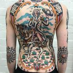 Beautiful back piece tattoo done by Fergus Simms. #FergusSimms #MelbourneTattooCompany #traditionaltattoo #boldtattoos #backpiece