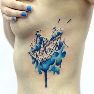 Poetic paper boat tattoo by Matty Nox #MattyNox #watercolor #blue #paperboat