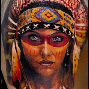Vibrant tribal lady portrait tattoo #Lady #Chieftain #portrait #colorful #realistic #AlexanderRomashev
