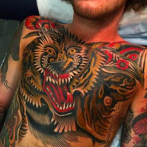 Eagle and Tiger Chest piece Tattoo by James McKenna via Instagram @J__Mckenna #JamesMcKenna #Traditional #Neotraditional #Opticalillusion #Fremantle #WesternAustralia #Eagle #Tiger
