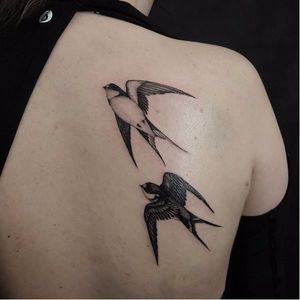 Sweet swallows tattoo by Ed Taemets #EdTaemets #blackandgrey #blackwork #swallow #bird