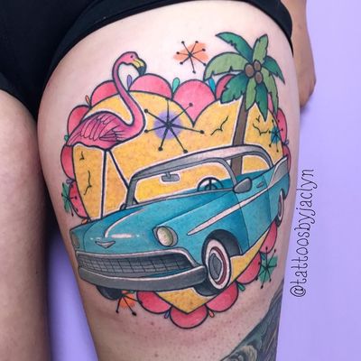 Vacation caddy by Jackie Huertas #JackieHuertas #cartattoos #color #newtraditional #car #cadillac #vintage #lowrider #flamingo #palmtree #heart #love #valentine #sparkle #stars #vacation #tattoooftheday