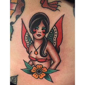 Butterfly Babe by Jaclyn Rehe (via IG-jaclynrehe) #americantraditional #pinup #butterfly #flower #color #JaclynRehe #ChapelTattoo