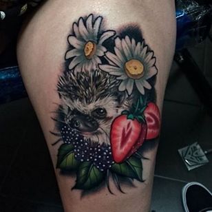 Hedgehog tattoo by Yogi Barrett. #YogiBarrett #hedgehog #animal #flower #YogiBarrett