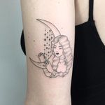 Hand poke lady tattoo by Tati Compton. #TatiCompton #handpoke #women #lady #fineline #linework #harp #crescent #moon #crescentmoon