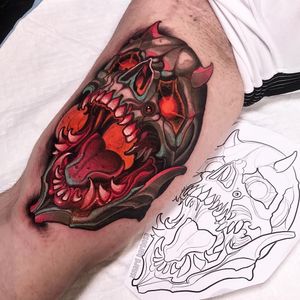 Demon tattoo by Isnard Barbosa #IsnardBarbosa #demontattoos #color #neotraditional #skull #skeleton #demon #death #hell #possessed #devil #satan #fire