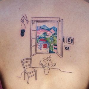 Room with a view tattoo by Jess Chen #JessChen #besttattoos #color #linework #fineline #illustrative #vase #flowers #landscape #window #chair #stillife #paintings #painterly #watercolor